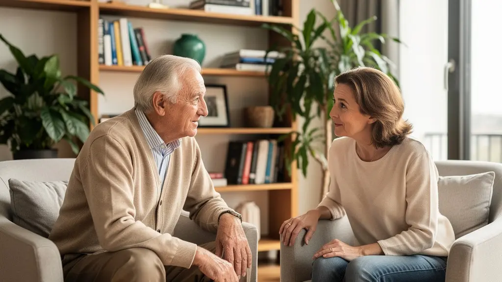 Senior et adulte en conversation dans un salon lumineux, discussion sur l'hébergement