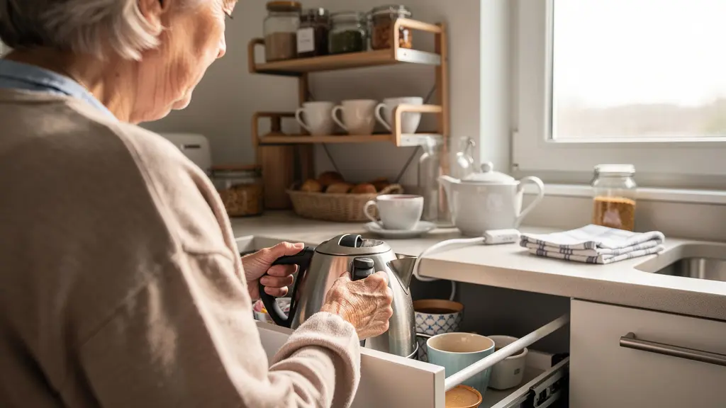 Senior préparant une boisson dans une cuisine moderne et fonctionnelle