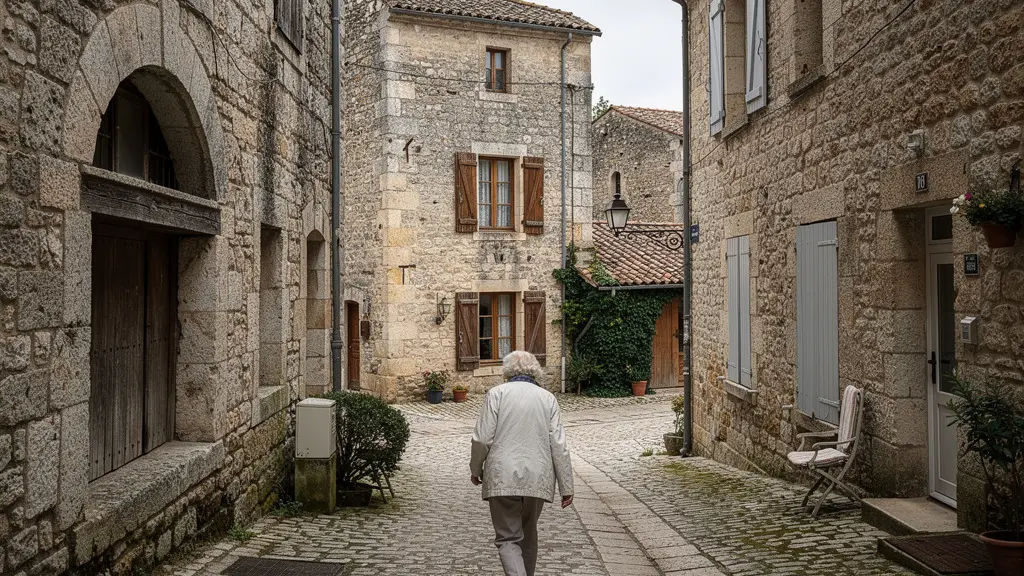 Femme âgée se promenant dans une ruelle pittoresque aux façades anciennes