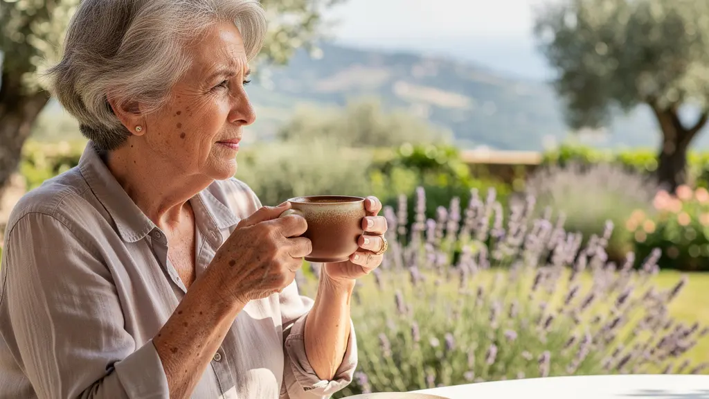 Femme âgée profitant d'un café en terrasse avec vue sur jardin méditerranéen