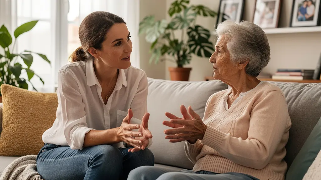Famille discutant des options d'hébergement pour un parent âgé