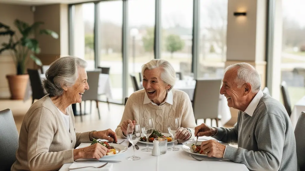 Résidents seniors partageant un repas convivial au restaurant de la résidence