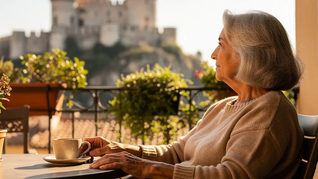 Senior profitant d'une terrasse ensoleillée avec vue sur la Cité de Carcassonne