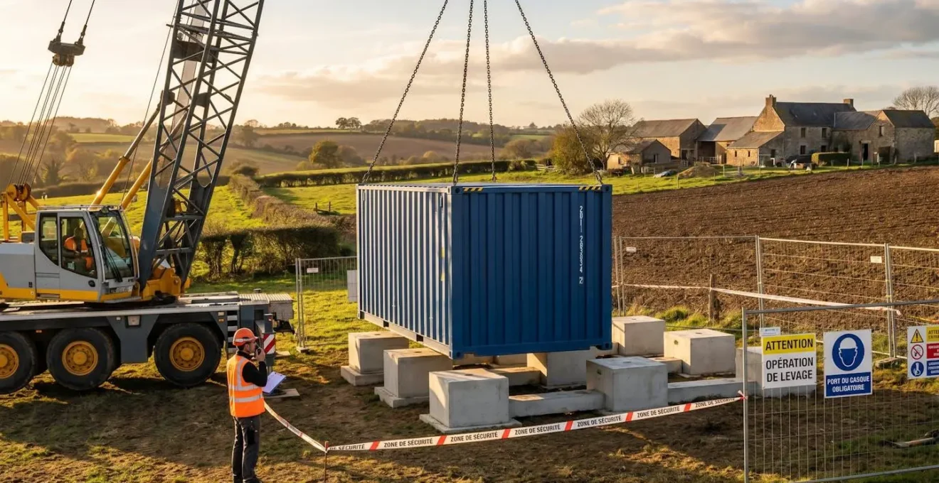 Camion grue installant un conteneur maritime bleu sur des plots béton dans un terrain rural français, opérateur en gilet haute visibilité supervisisant la pose