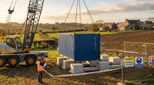Camion grue installant un conteneur maritime bleu sur des plots béton dans un terrain rural français, opérateur en gilet haute visibilité supervisisant la pose
