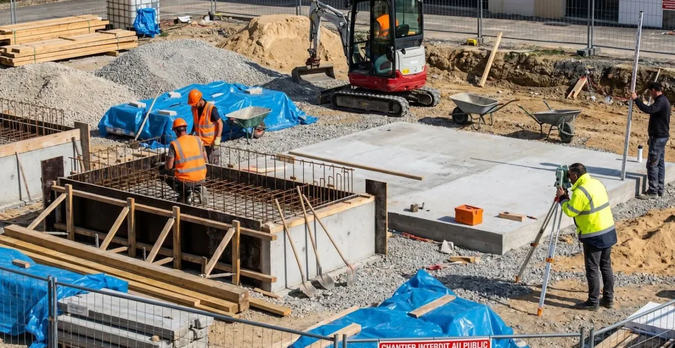 Plots de fondation en béton fraîchement coulés sur terrain nivelé avec outils de chantier et matériel de vérification de niveau